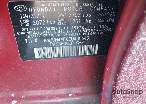 2012 Hyundai Elantra Gls (Ulsan Plant) z USA, uszkodzony, nr VIN KMHDH4AE0CU438649
